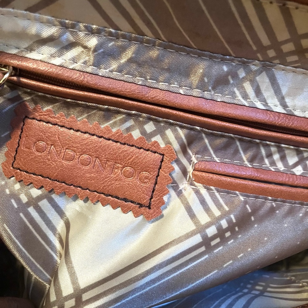 London Fog Brown Faux Leather Satchel Shoulder Bag Gold Tone Hardware Zip Pocket - Picture 6 of 9